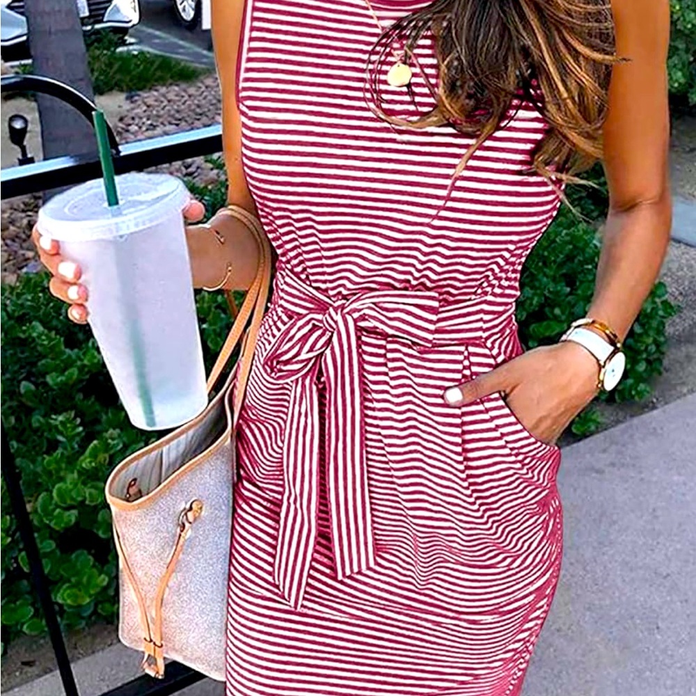 Summer Sleeveless Striped T Shirt Dress Casual Crew Neck Tie Waist Mini Dresses